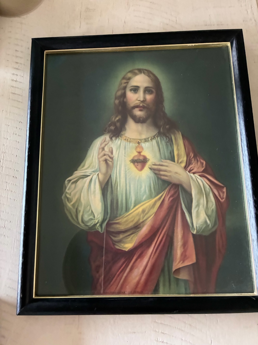 Vintage Photo of Jesus, says sacred heart of Jesus at bottom.